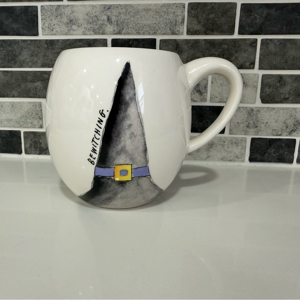 RAE DUNN Bewitching Witch Hat Ceramic Mug - White with Black & Purple Accent